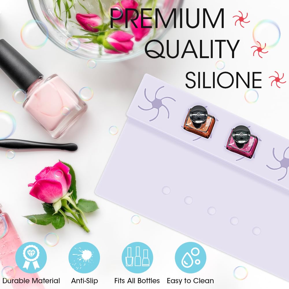 Nail Polish Holder, Silicone Hand Rest Mat Fingernail Painting Tools 2 in 1 Art Accessories Organizer Case Set with Anti-Spill Bottle Stand and Finger Separators for Pedicure Manicure-Purple