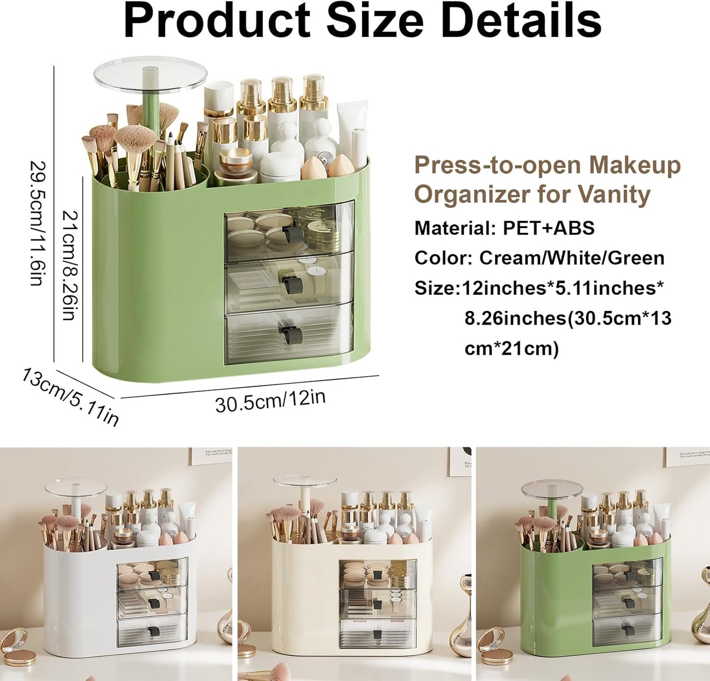 DASITON Makeup Organizer with 3 Drawers,Automatic Lifting Makeup Brush Holder with Lid,Large Capacity Makeup Organizers for Vanity,Bathroom Countertop,Ideal Storage Skin Care,Brushes,Lipstick (Green)