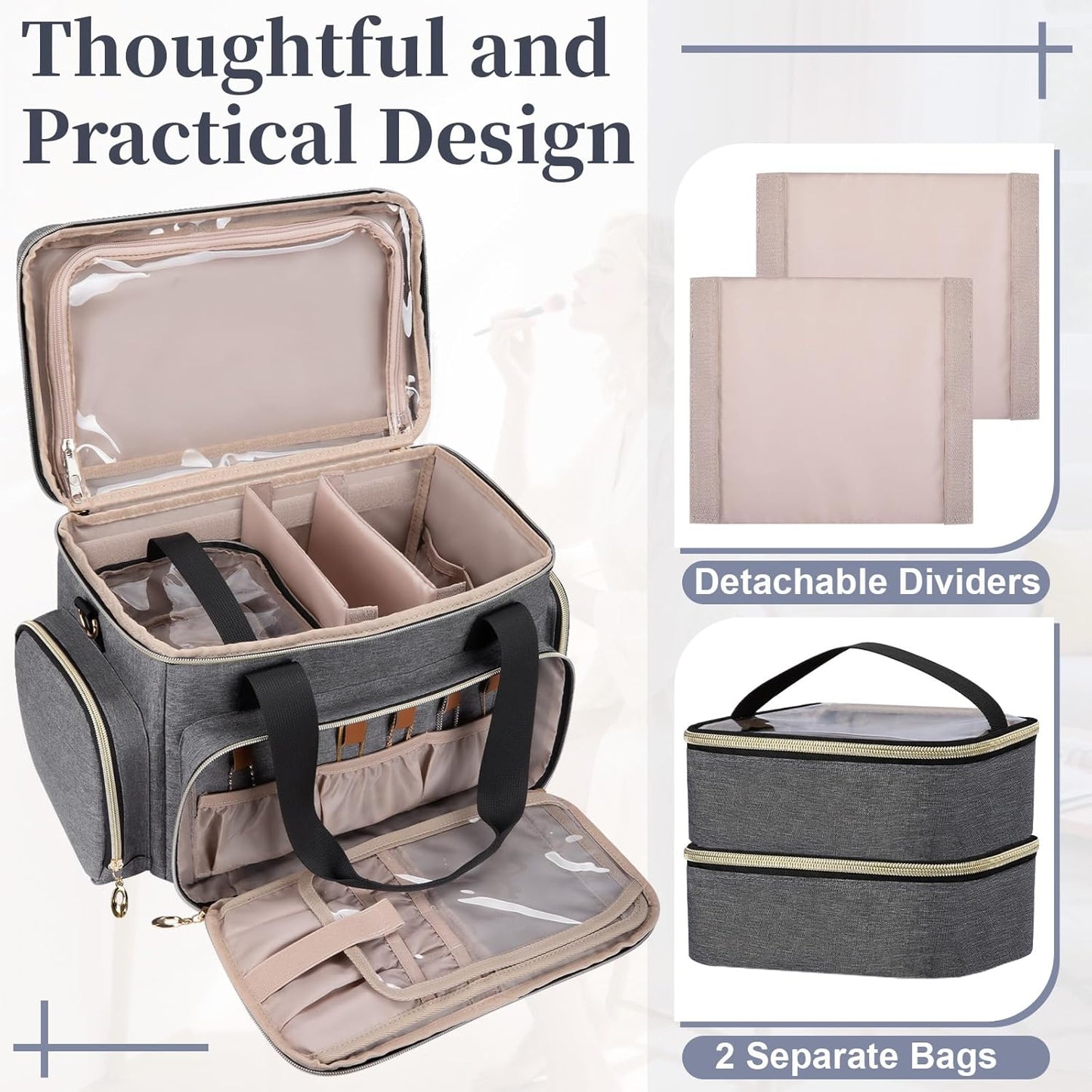 Large Makeup Bag, Portable Travel Makeup Bag Organizer for Women Girls with 2 Removable Pouches & Detachable Dividers, Cosmetic Travel Bag, Toiletry Bag for Makeup and Hair Supplies Grey