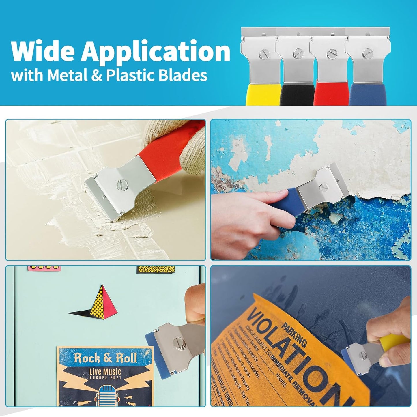 4 Pack Razor Blade Scraper, with 20 Metal & 20 Plastic Blades, Multi-Purpose Cleaning Remover Tool for Glass Caulk, Adhesive, Wall, Stovetop, Paint, Window, Sticker, Tile, Label Decals