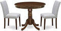 East West Furniture ANAB3-AWA-05 3 Piece Modern Dining Table Set Includes a Round Kitchen Table with Pedestal and 2 Parson Dining Chairs, 36x36 Inch, Antique Walnut