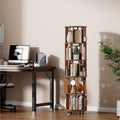KEIKI 5 Tier Rotating Bookshelf on Wheels, Solid Wood Revolving Bookcase with Storage, 360° Spinning Tall Book Organizer for Small Space, Bedroom, Living Room, Walnut