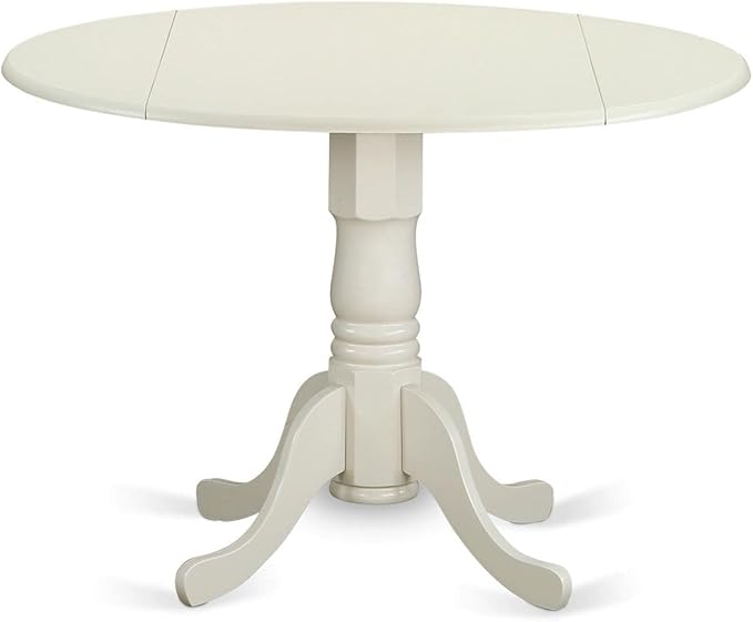 East West Furniture DLBR3-WHI-02 3 Piece Modern Dining Table Set Contains a Round Wooden Table with Dropleaf and 2 Light Beige Linen Fabric Parson Dining Chairs, 42x42 Inch, Linen White
