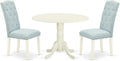 East West Furniture DLCE3-WHI-15 3 Piece Dining Table Set Contains a Round Dining Room Table with Dropleaf and 2 Baby Blue Linen Fabric Upholstered Chairs, 42x42 Inch, Linen White