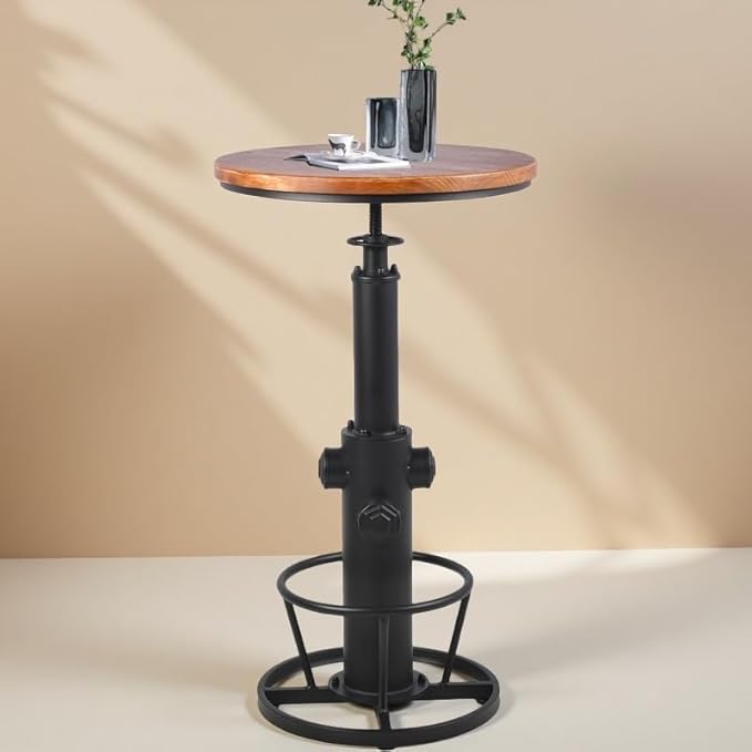 Vintage Bistro Table Height Adjustable 38.6-44.4inch Industrial Bar Table for Kitchen Dining Room Coffee House Pub Office Swivel Round Wooden Top for 2-3 People