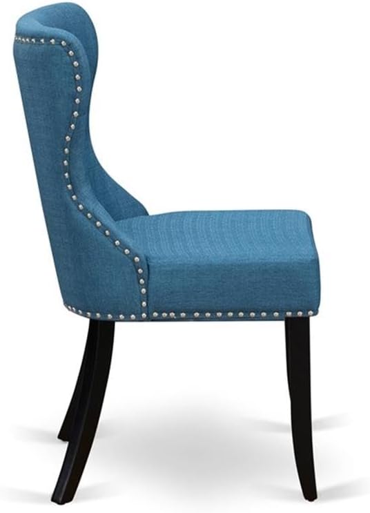 East West Furniture AMSI5-BCH-21 5 Piece Dining Room Furniture Set Includes a Round Kitchen Table with Pedestal and 4 Blue Linen Fabric Parsons Dining Chairs, 36x36 Inch, Black & Cherry