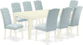 East West Furniture LGCE9-LWH-15 9 Piece Dining Room Table Set Includes a Rectangle Kitchen Table with Butterfly Leaf and 8 Baby Blue Linen Fabric Parsons Chairs, 42x84 Inch, Linen White