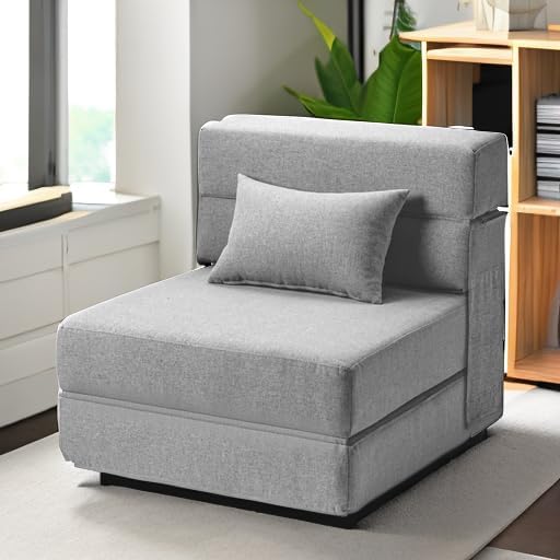 Folding Sofa Bed with Pillow- Convertible Chair Floor Couch & Sleeping Mattress, Foldable Memory Foam Sleeper for Living Room/Dorm/Guest Room/Home Office/Apartment/Loft, Single26, Light Gray