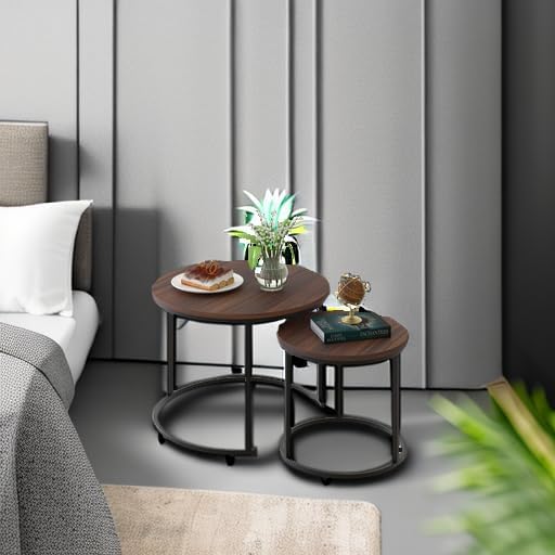aboxoo Coffee Table Nesting Side Round Set of 2 End Table Top Sturdy Metal Frame Desk Centerpiece Living Room Bedroom Apartment Modern Industrial Simple Nightstand