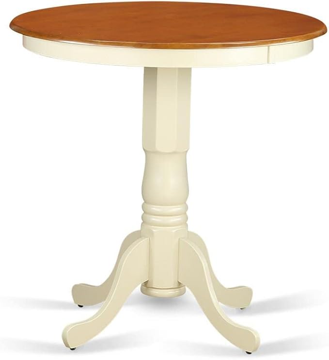 East West Furniture EDVN3-WHI-C 3 Piece Kitchen Counter Height Dining Set Contains a Round Dining Room Table with Pedestal and 2 Linen Fabric Upholstered Chairs, 30x30 Inch, Buttermilk & Cherry