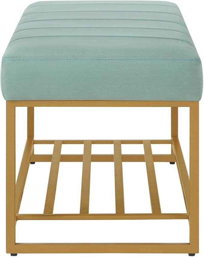 24KF Seaglass Velvet Upholstered End of Bed Bench with Metal Shelf, Modern Tufted Channel Entryway Bench Footboard Bench for Living Room, Bedroom, Gold Bench,5036-Seagalss
