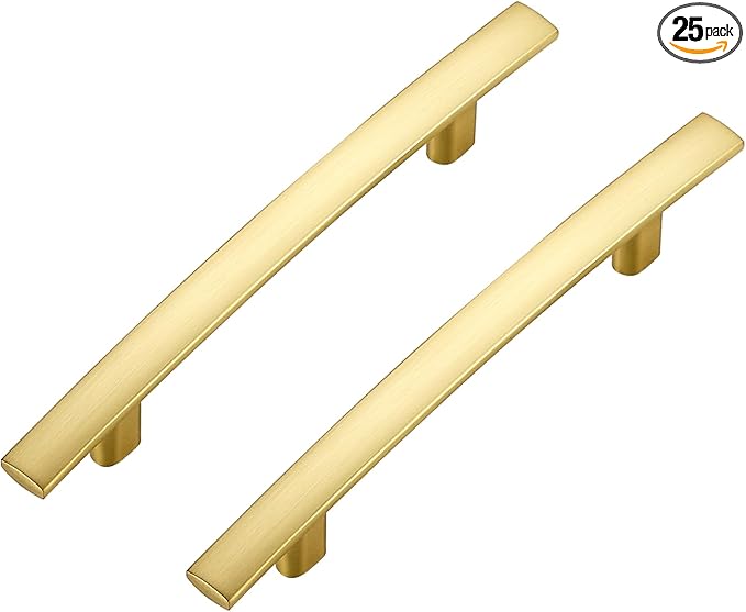 25 Pack Cabinet Handles 3.75" Hole Center - Curved Cabinet Pulls Brushed Brass Drawer Pulls for Kitchen Cupboard Solid Handles for Dresser Drawer Arch Closet Hardware