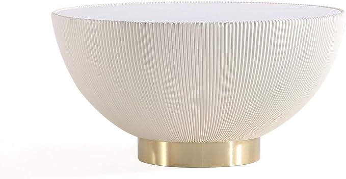 Manhattan Comfort Anderson Modern 28.15" Round Coffee Table 2.0 - Ceramic Marble Tabletop, Elegant Pleated Leatherette Details & Gold Base, Fully Assembled Accent Furniture, Set of 1, Cream