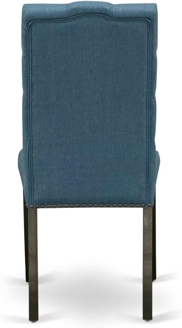 East West Furniture V677EL121-7 7 Piece Modern Dining Table Set Consist of a Rectangle Wooden Table with V-Legs and 6 Blue Linen Fabric Parson Dining Chairs, 40x72 Inch, Multi-Color