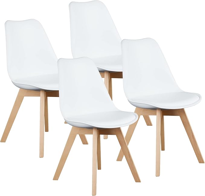 OLIXIS Set of 4 Dining Kitchen Mid-Century Modern Chairs with Wood Legs and PU Leather Cushion for Living Room Bedroom Outdoor Lounge, White