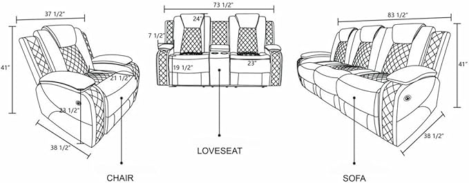 Electric Power Recliner Loveseat Set Living Room Furniture, Comfy Home Theater Breathing Leather Seating with USB 2.0 Charging Ports, LED Light Strips, Mid Console and Cupholders (Black)