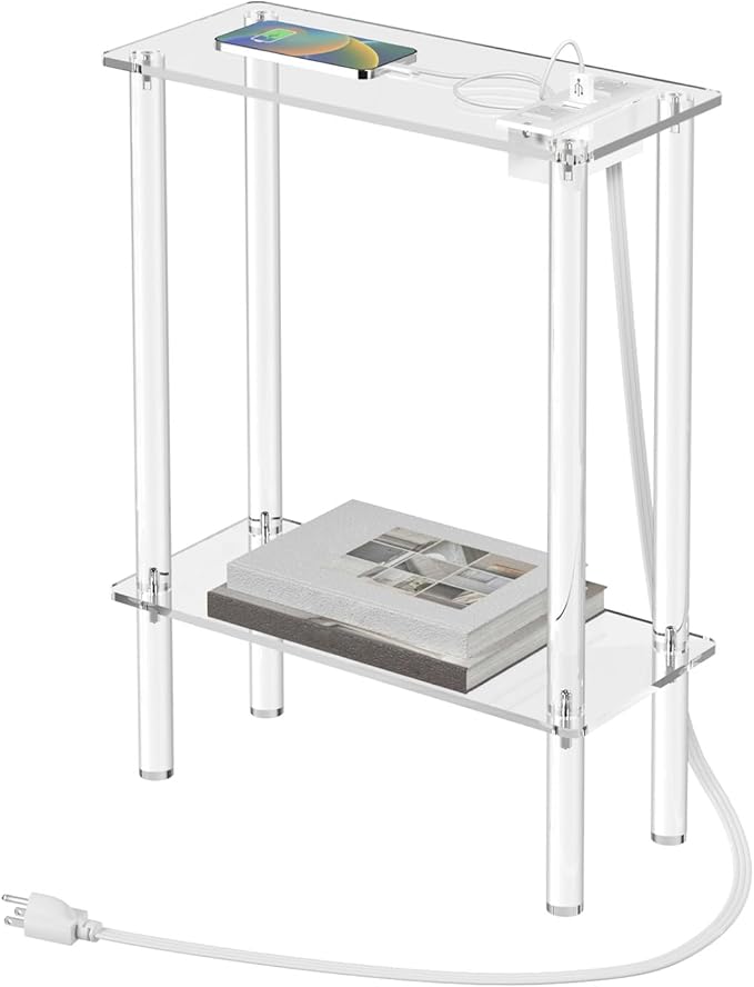 HMYHUM Acrylic Narrow Side Table with Charging Station, 7" Width, 2 Tier Small End Table for Small Spaces, Skinny Nightstand/Bedside Table with USB Ports & Outlet, Clear