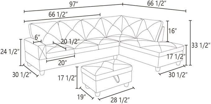 Deep Blue L-Shaped 3-Piece Faux Leather Sofa with Storage Ottoman Set, Sectional Couch Sofa Set for Living Room, Office, Small Space