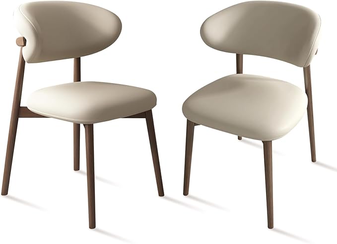 Upholstered Dining Chairs Set of 2,Mid Century Modern Kitchen Chairs with Back and Wood Frame,Faux Leather Dinner Chairs (Light Khaki + Black Legs, Set of 2)