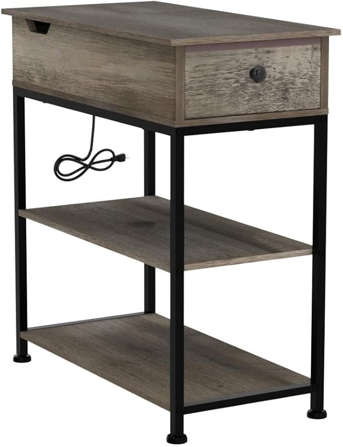 WLIVE Narrow Side Table with 2 USB Ports and 2 Outlets, Flip Top End Table with Drawer and Storage Shelves, End Stand with Charging Station for Living Room, Bedroom, Small Spaces, Greige