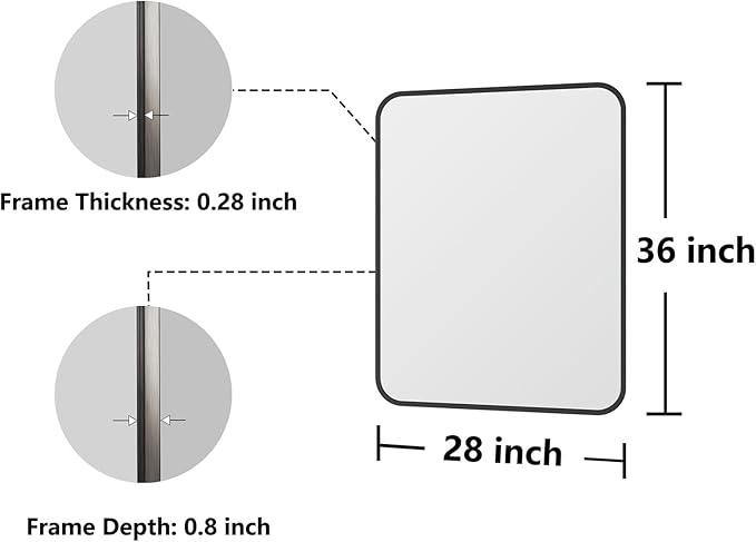 Bathroom Mirror, 28X36 Inch Black Metal Framed Mirror for Bathroom, Tempered Glass, Anti-Rust, Rounded Rectangle Mirror for Restroom, Bedroom, Black