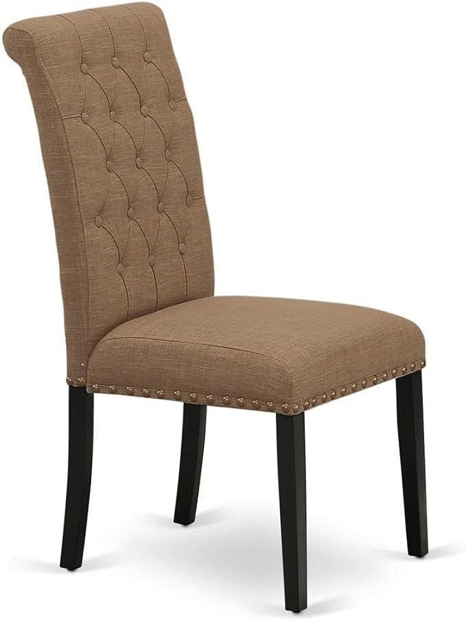 East West Furniture BRP1T17 Bremond Parson Dining Room Chairs - Button Tufted Nailhead Trim Light Sable Linen Fabric Padded Chairs, Set of 2, Black