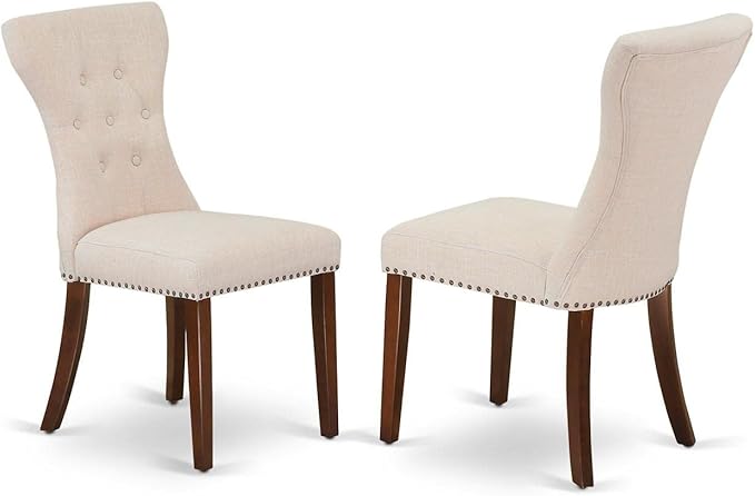 East West Furniture HLGA5-MAH-32 5 Piece Dining Room Furniture Set Includes a Round Dining Table with Pedestal and 4 Light Beige Linen Fabric Parsons Chairs, 42x42 Inch, Mahogany