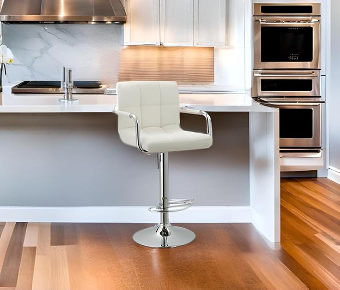 AC Pacific Contemporary Adjustable Swivel Kitchen Bar Stool Chair with Cushion and Armrest, 24"-33", White ACBS15 Daisy White Square