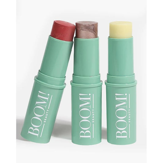 Boomstick Trio ® Rose Nude 3 Pack Cream Blush Makeup - Rose Nude Blush Stick, Highlighter Stick & Moisturizer for Cheeks, Eyes & Lips - Boom Sticks by Cindy Joseph for Older Women