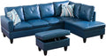 Deep Blue L-Shaped 3-Piece Faux Leather Sofa with Storage Ottoman Set, Sectional Couch Sofa Set for Living Room, Office, Small Space