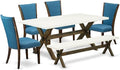 East West Furniture X727VE721-6 6 Piece Dining Table Set Contains a Rectangle Dining Room Table with X-Legs and 4 Blue Color Linen Fabric Parson Chairs with a Bench, 40x72 Inch, Multi-Color