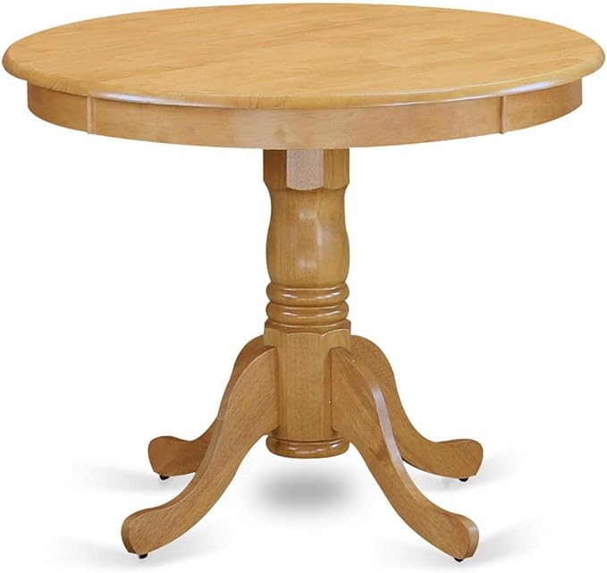 East West Furniture ANAB3-OAK-55 3 Piece Kitchen Table & Chairs Set Contains a Round Dining Room Table with Pedestal and 2 Oasis Blue Faux Leather Parsons Chairs, 36x36 Inch, Oak