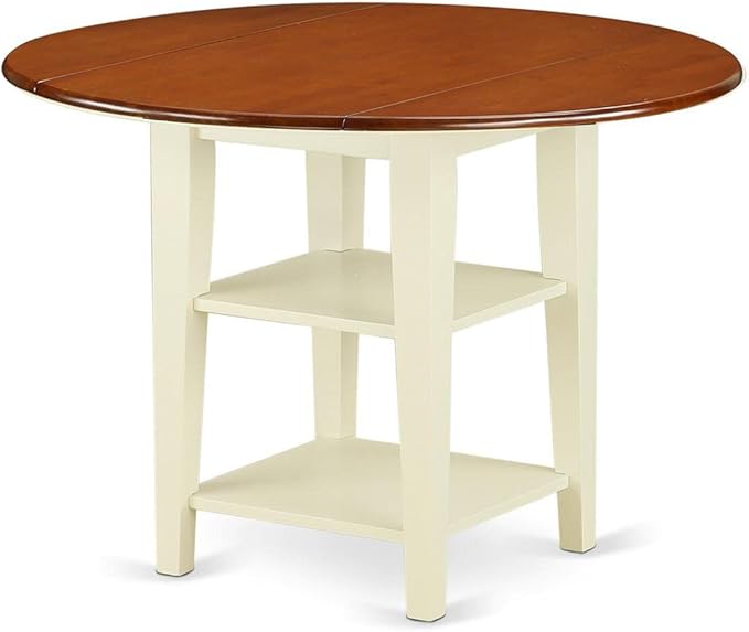 East West Furniture SUAN3-BMK-W 3 Piece Dining Room Table Set Contains a Round Dining Table with Dropleaf & Shelves and 2 Wood Seat Chairs, 42x42 Inch, Buttermilk & Cherry
