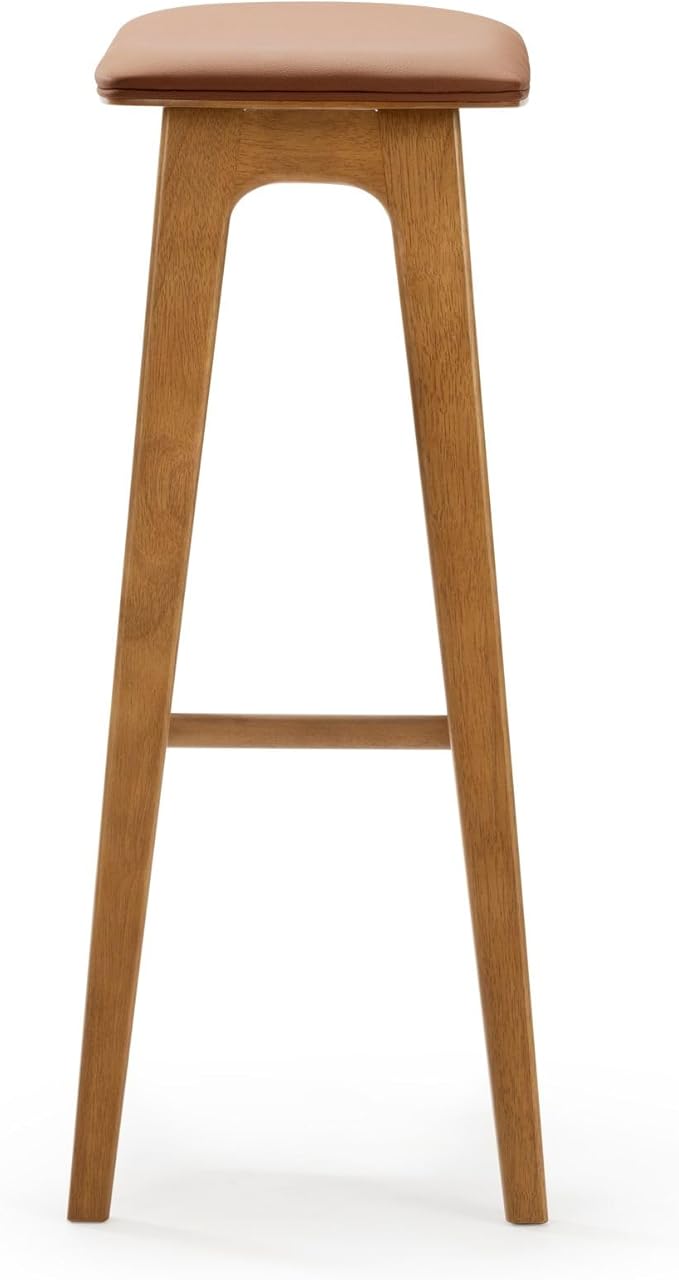 Plank+Beam Beryl Bar Height Stool - Mid-Century Modern Rubberwood Bar Stool with Faux Leather Seat, Metal Footrest, Easy Assembly, Pecan/Toffee