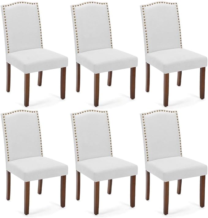 Kitchen Chairs Set of 6 Modern Upholstered Fabric Seat with Nailhead Trim and Ergonomic Lumbar Support for Living Room and Rustic Farmhouse Dining Area, Grey