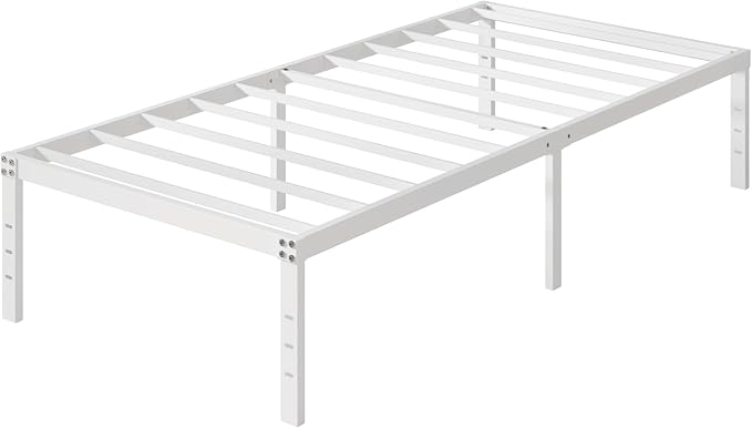 16 Inch White Twin Bed Frames No Box Spring Need, Metal Platform Bed Frame Twin Size Heavy Duty Mattress Foundation, Eassy Assembly 2,500 lbs Steel Slats Support