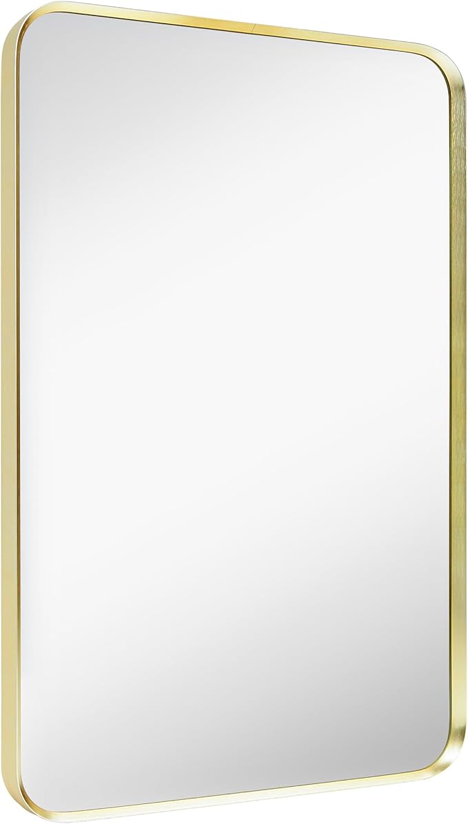 Wall Mount Mirror for Bathroom, Brushed Gold Metal Framed Rounded Corner Rectangular Vanity Mirror (16" x 20", Gold)