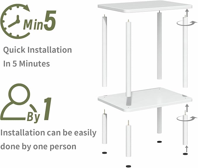 Apicizon 2 Tier End Table, Small Side Table with Solid Wood Legs, Boho Bedside Table with Storage Shelf, Nightstand for Small Spaces, Bedroom, Living Room, Entryway, Farmhouse, Easy Assembly, White