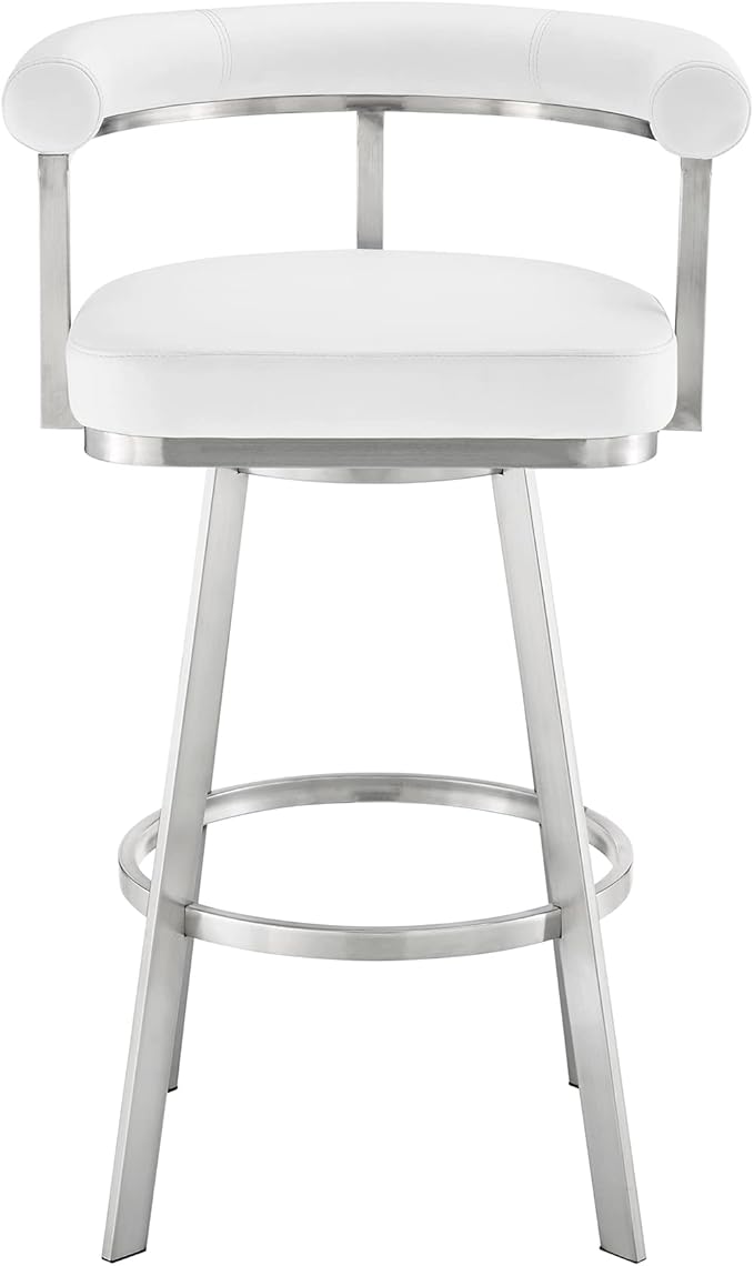 Armen Living Magnolia Swivel Bar Stool in Brushed Stainless Steel with White Faux Leather