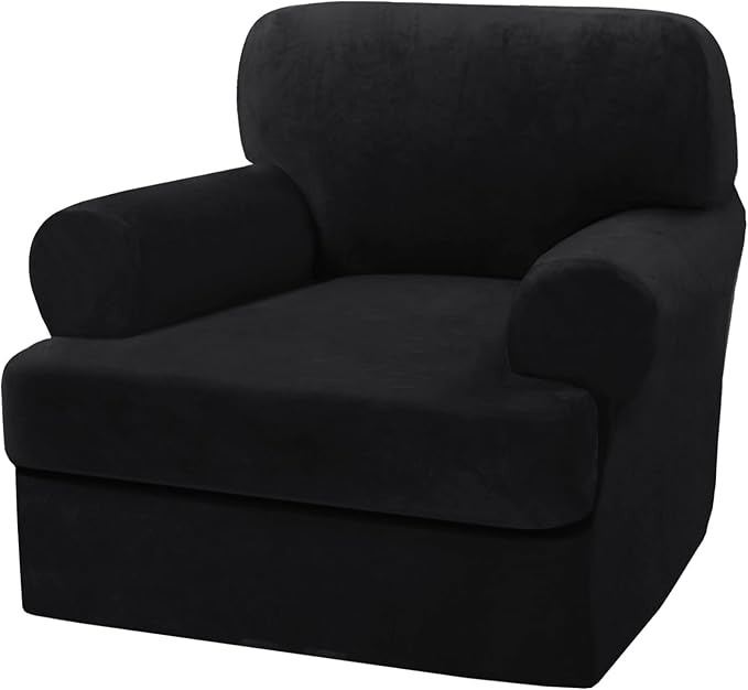 H.VERSAILTEX Sofa Cover 2 Piece T Cushion Armchair Slipcovers Thick Velvet Couch Cover Furniture Protector Stretch T Cushion Sofa Covers for 1 Cushion Couch with 1 Individual T Cushion Covers, Black