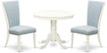 East West Furniture ANVE3-LWH-15 3 Piece Dining Table Set Contains a Round Dining Room Table with Pedestal and 2 Baby Blue Linen Fabric Upholstered Chairs, 36x36 Inch, Linen White
