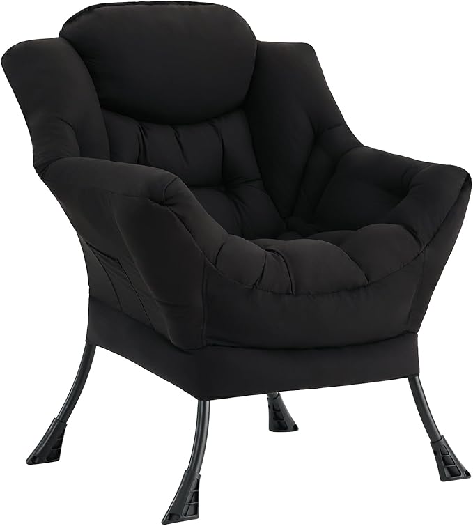 LITA Lazy Chair with Ottoman, Modern Accent Leisure Upholstered Sofa, Contemporary Lounge Reading Chair with Armrests and a Side Pocket for Living Room, Bedroom & Small Space, Single Black