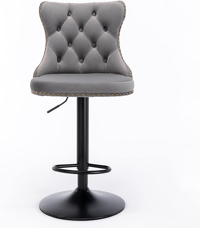 PacknWood Acosure Swivel Velvet Barstools Adjusatble Seat Height from 25-33" with 17.7" Base and Backs Comfortable Tufted,Modern Upholstered Bar Chairs for Home Pub Kitchen,Gray,Set of 2