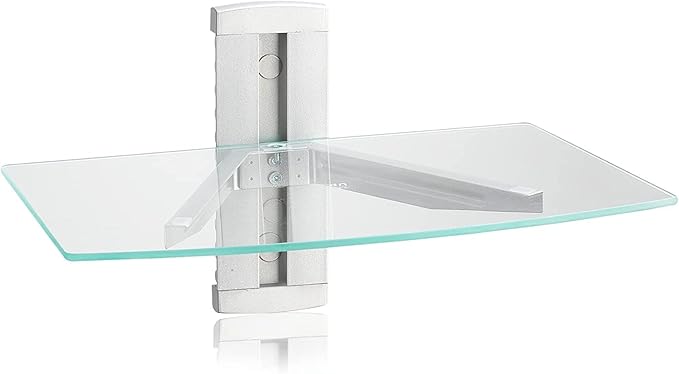 suptek Glass Floating Shelves, TV Wall Mount with Shelf for DVD Player / PS4 / Cable Boxes/Game Consoles/Sky Box/TV Accessories, Media Shelf, Flat Wall Mount Bracket, 1 Tier Shelf, Silver