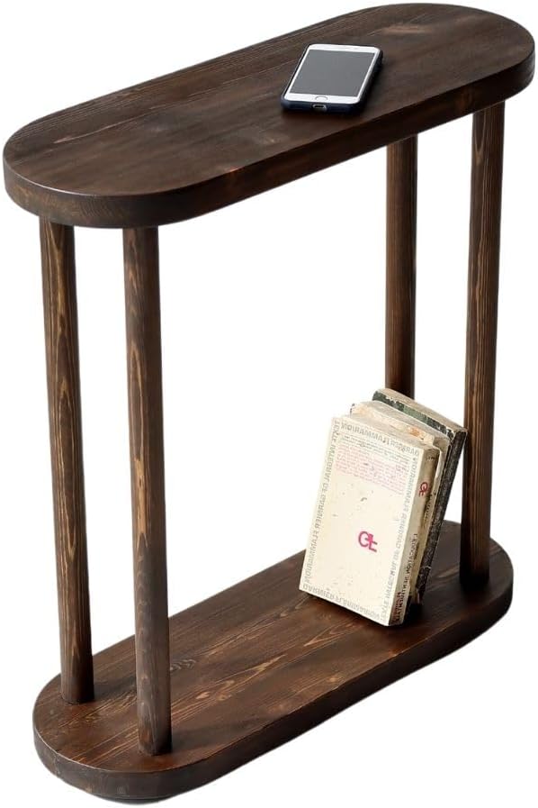 Oval Solid Wood Narrow Side Table, Slim Small Pedestal Coffee Table for Living Room, Modern Minimalist Design for Small Spaces, Recliner Drink Table (Dark Walnut, XLarge)
