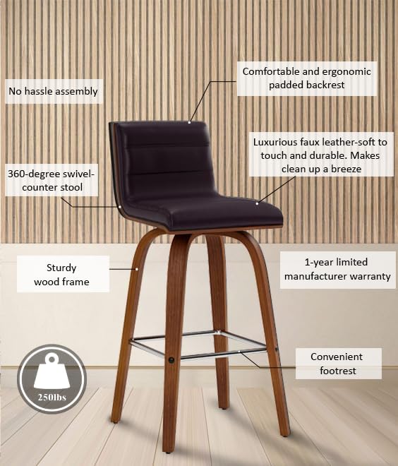 Armen Living Vienna 26" Swivel Counter Stool in Walnut Wood Finish with Brown Faux Leather - Set of 3