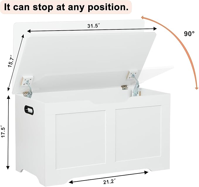 31.5" Storage Chest, Wooden Storage Bench, Lift Top Toy Chest with 2 Safety Hinges, Large Toy Box, Entryway Shoes Bench for Living Room, Bedroom, White