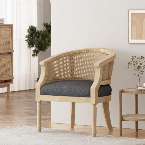 Ball & Cast Accent Chair French Country Lounge Living Room Chairs with Curved Backrest,Cane Webbing Seat w/Upholstered,Seating Furniture for Bedroom,Apartment,Charcoal