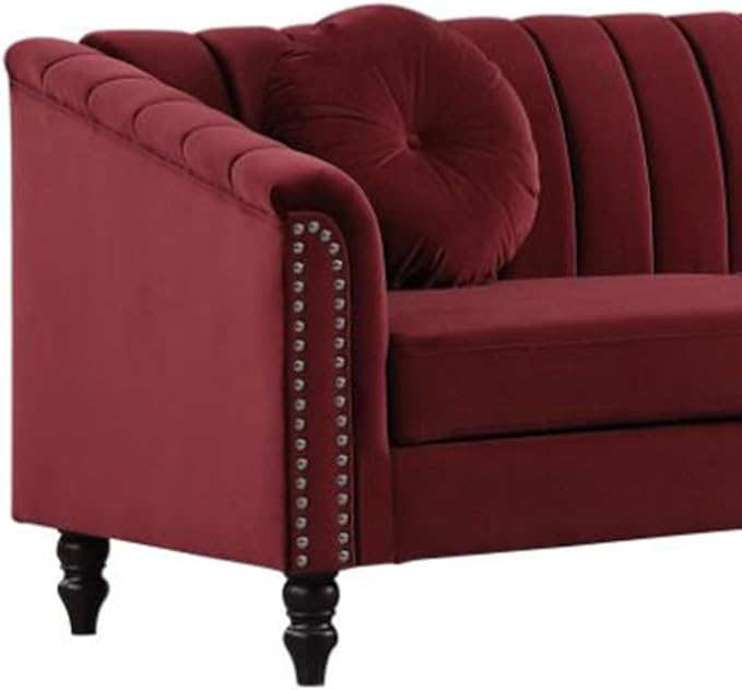Sectional Sofa Set, Microfiber Chesterfield Upholstered Sofas Loveseat Couch Chair Sets with Style Button Tufted, Scroll Arms and Nailhead for Living Room, Office, Apartment-Red,S