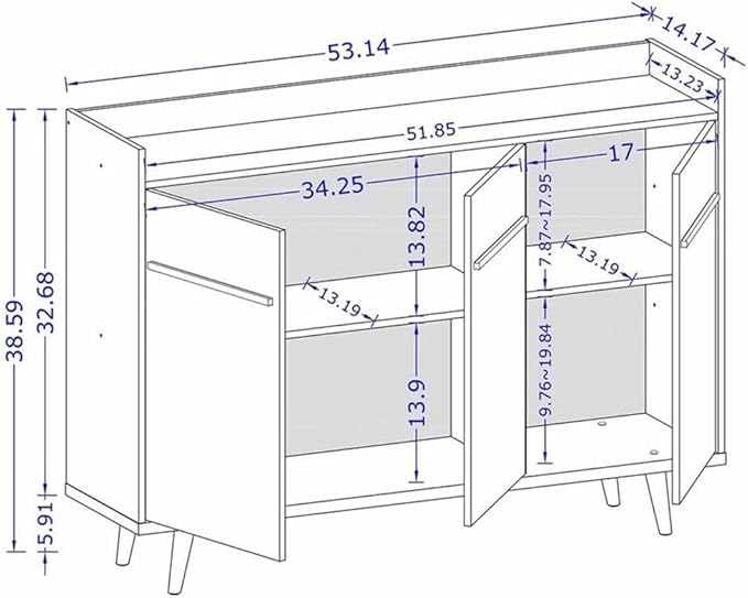Manhattan Comfort Bradley Buffet Cabinet with Storage, Mid Century Modern Sideboard with 4 Shelves and Soft Close Doors, TV Stand Media Console for up to 50" Screens, 53.54" Long, White